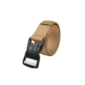 Close-up detail of the durable tactical belt featuring a quick-release metal buckle and khaki nylon strap.