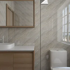 Detailed view of grey marble waterproof self-adhesive wall sticker in a modern bathroom