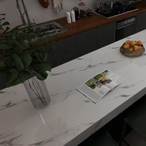 Marble pattern self-adhesive waterproof countertop sticker in a modern kitchen setting