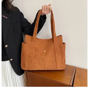 Borsa tote in velluto a coste marrone da donna, borsa a tracolla di grande capacità