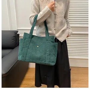 Borsa tote capiente in velluto a coste verde da donna, ideale per il quotidiano