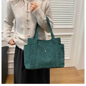 Elegante borsa tote in velluto a coste verde scuro di grande capacità per uso quotidiano