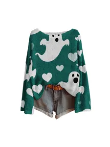 Comfortabele stijlvolle trui met lange mouwen en Halloween geest print voor dames.
