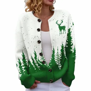 Christmas tree deer print knit cardigan detail view, green and white festive sweater close up.