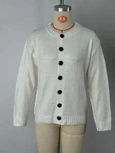Detailed view of a white long-sleeve round-neck knitted cardigan with black buttons.