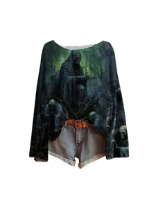 Halloween 3D magere hein print off shoulder lange mouw trui dames feestkleding top
