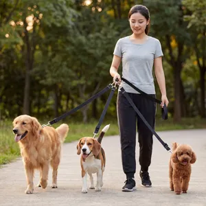 Detail showing a 3-way multi-dog leash coupler used for walking three dogs at once.