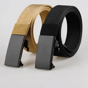 Men Casual Nylon Canvas Belt Minimalist Woven Texture Automatic Alloy Buckle Toothless Design Adjustable Waist Strap