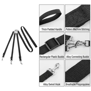 Professional multi-head black dog leash set featuring padded handles and alloy hooks
