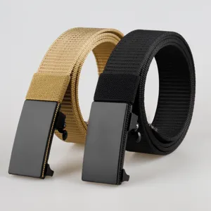 Casual nylon web belts for men with automatic smooth black buckles in khaki and black
