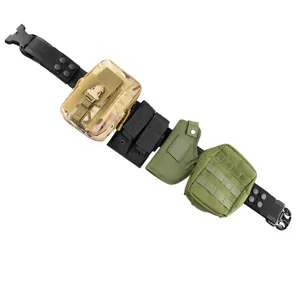 Detailed view showing the 5cm tactical canvas belt with various camouflage and olive pouches