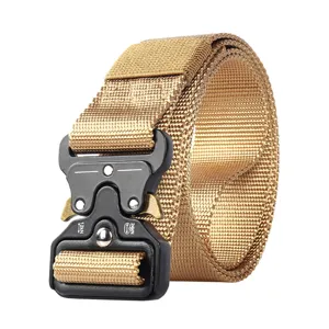 Professional tactical belt with heavy-duty quick-release cobra buckle and tan nylon webbing