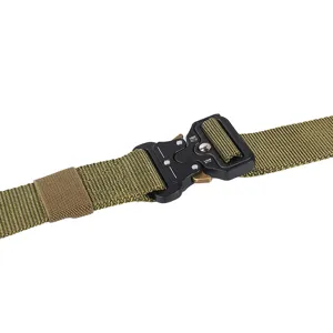 Heavy duty tactical belt with army green nylon webbing and quick-release cobra buckle