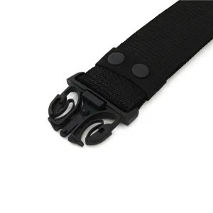 Close-up of durable black tactical belt buckle and heavy-duty nylon webbing