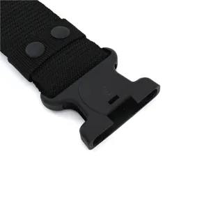 Close-up of black plastic buckle on durable nylon tactical web belt