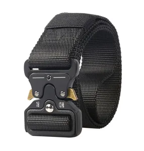 Close-up of 4.3cm black tactical nylon belt with cobra-style quick-release buckle