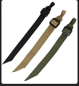 Detailed view of three tactical nylon straps in black tan and green with buckles