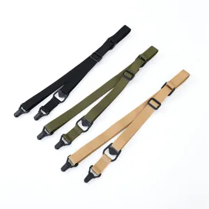 Tactical gun sling detail view, showing adjustable multi-color straps and quick-release hardware.