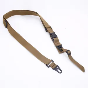 Durable khaki tactical sling with quick-release buckle and metal hooks for outdoor gear.