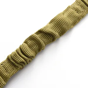 Close-up detail of outdoor tactical strap featuring durable khaki webbing and reinforced stitching.