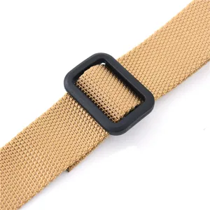 Tactical nylon strap detail close-up showing durable khaki webbing and black plastic adjustment buckle.