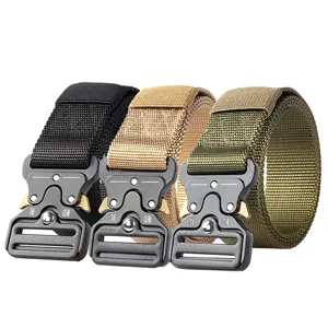 Detail of three heavy-duty tactical nylon belts featuring quick-release metal cobra buckles.