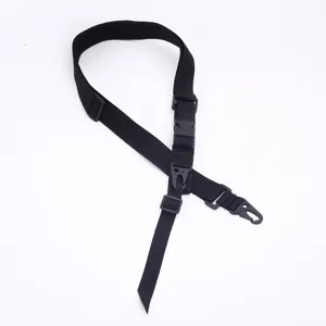 Detailed close-up view of black adjustable tactical three-point strap with sturdy buckle and clips