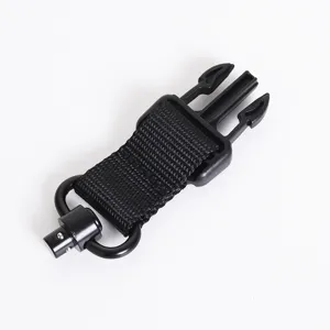 Detail view of tactical QD strap buckle with nylon webbing and quick release swivel