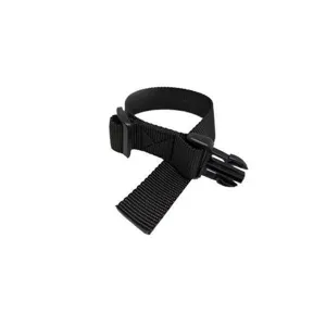 Close-up of a durable black nylon tactical strap with a quick-release plastic buckle
