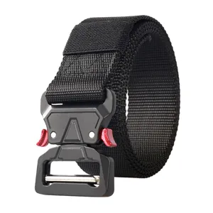 Durable black tactical belt for men with quick-release metal buckle and heavy nylon webbing.