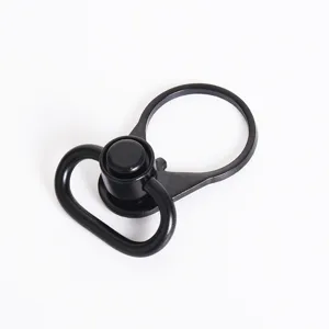 Close-up of black metal tactical QD sling swivel adapter with quick release button
