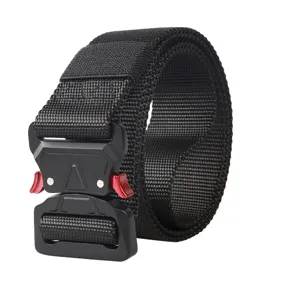 Close-up of tactical belt metal quick-release buckle detailed shot heavy-duty design