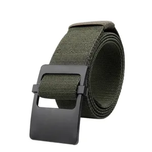 Army green elastic woven tactical belt with black matte rectangular buckle on white background