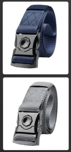 Close-up of tactical nylon belts with alloy quick-release buckles in navy and grey