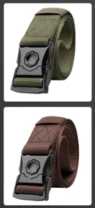 Detailed view of olive green and brown nylon tactical belts with durable black buckles