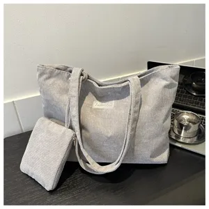 Bolso tote de pana gris de gran capacidad con pequeña bolsa a juego para uso diario