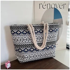 Etnische canvas shopper met blauwe geometrische patronen en stevige touwhandvatten