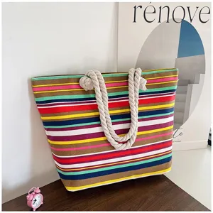 Grote gestreepte canvas draagtas in etnische stijl met dikke touwhandvatten voor dames