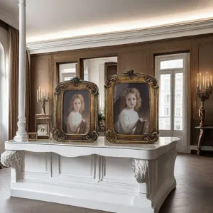 Close-up of ornate gold resin photo frames with vintage portraits in luxury interior setting.