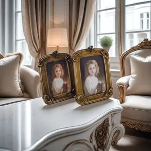 Close-up of ornate gold European vintage resin photo frames on a luxury white table
