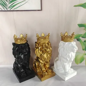 Geometric resin lion statue with crown, modern luxury desktop decor ornament for living room.