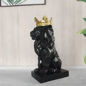 Geometric resin lion statue with golden crown and black base for modern home desktop decor.