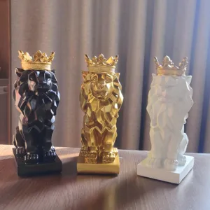Geometric resin lion figurine with gold crown, modern home decor statue for living room desk.