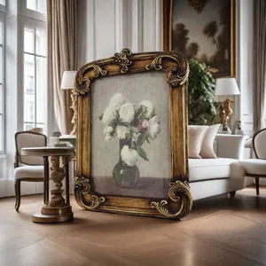 Detailed view of ornate retro French picture frame in elegant classical living room decor