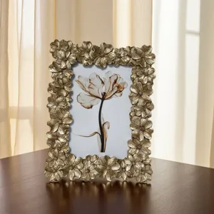 Vintage floral resin photo frame for table decor, antique gold picture frame for home.
