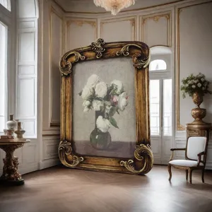 Detailed view of ornate French vintage gold floral resin picture frame for luxury home decor