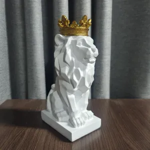 Detailed shot of the geometric resin lion figurine with gold crown, modern desktop decor.
