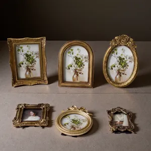 French Vintage Gold Ornate Resin Picture Frame Set Baroque Distressed Relief Photo Frame Tabletop Wall Home Decor Art