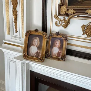 Elegant vintage European style resin photo frames with ornate gold floral carvings
