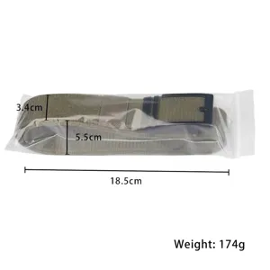 Army green nylon tactical belt with matte black alloy buckle in transparent packaging